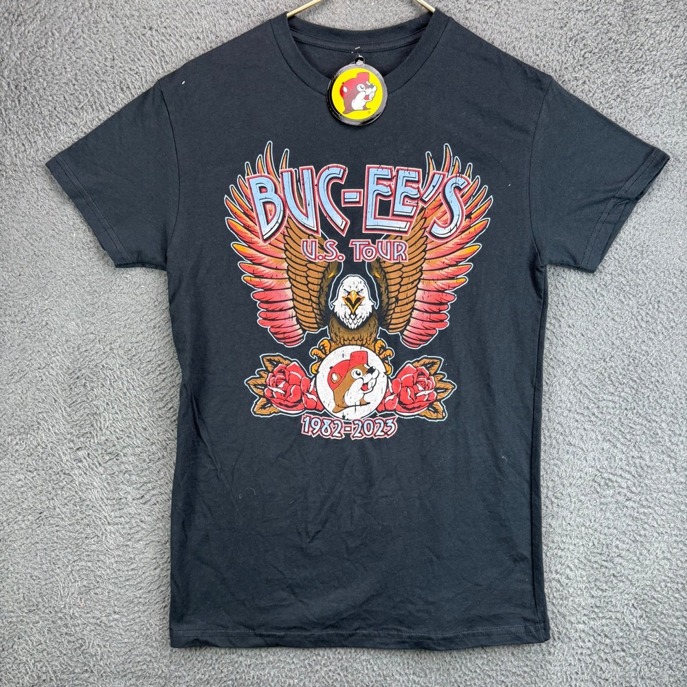 Buc-ees US Tour 1982-2023 Graphic T-Shirt Mens Small Black Eagle Roses